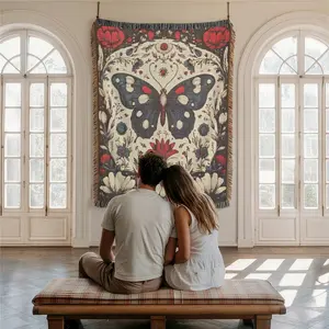 Blue Butterfly Pattern Home Decor Yarn Woven Wall Art Tapestry for Bedroom Dorm Living Room- with Fringe Tassels Not Printed - Multipurpose Design Soft Boho H Chair Couch Bed Cover Throw Towel Slipcover Travel Garden Outdoor Camping Picnic Beach