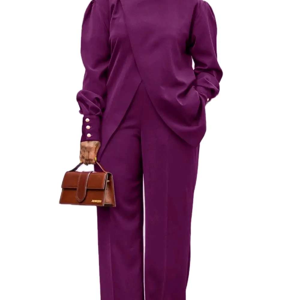 High Neck Asymmetric Top and Pants Set in Rich Purple with Stylish Side Stripe and Button Detail