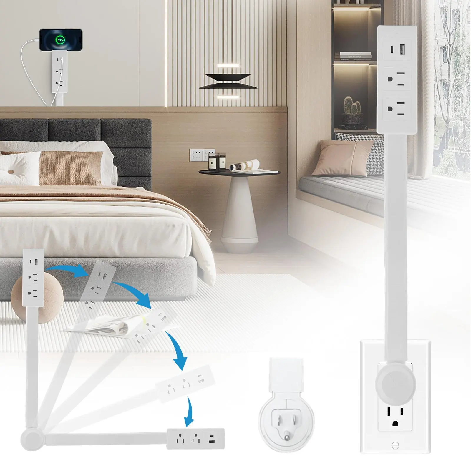 [Security Upgrade]Outlet Extender Stick for Behind Couch Outlets, 17.52"–25.6" Extendable Electrical Outlet Extender with Rotating Flat Plug,Hook & Loop Mounting— Power Socket Expander with Safety Switch & Surge Protection, 3 AC Outlets, 3 USB-A + 1 USB-C