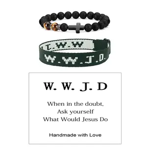 Christian Handmade W.W.J.D Bracelet & Wristband Set - Colorful Adjustable Religious Woven Wristbands for Faithful Wear - 1.4x24.5cm Wristband & 19cm Beads Bracelet