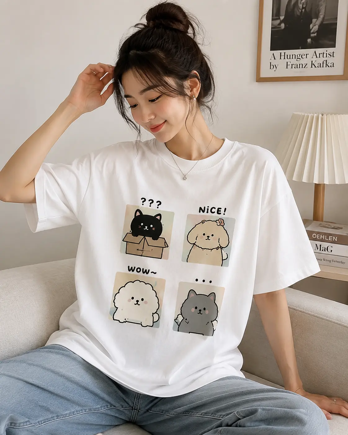 Cute Cat & Puppy Graphic Comfort Colors T Shirt, Mustard Yellow Comfort Colors Style Tee, Kawaii Animal Shirt, Aesthetic Oversized Tee, Cute Gift For Cat Lovers