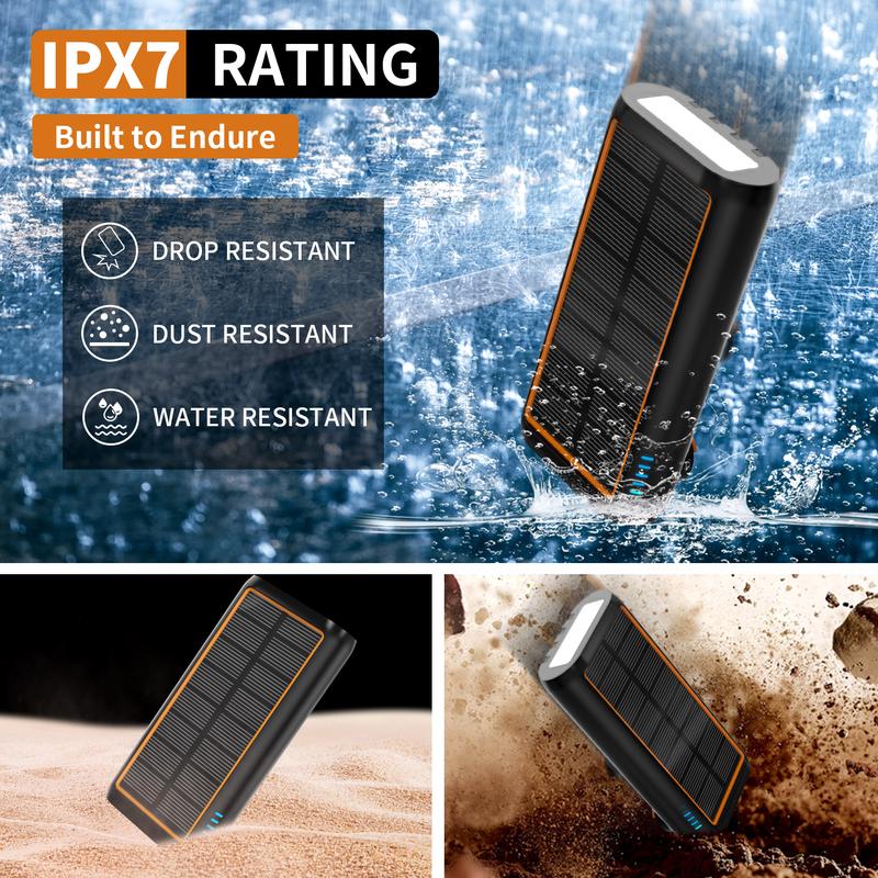 ReeZar 61200mAh Solar Charger 3-in-1 Charging Solar Crank Cable 4 Built-in Cables Charges 7 Devices IPX7 Waterproof SOS Flashlight