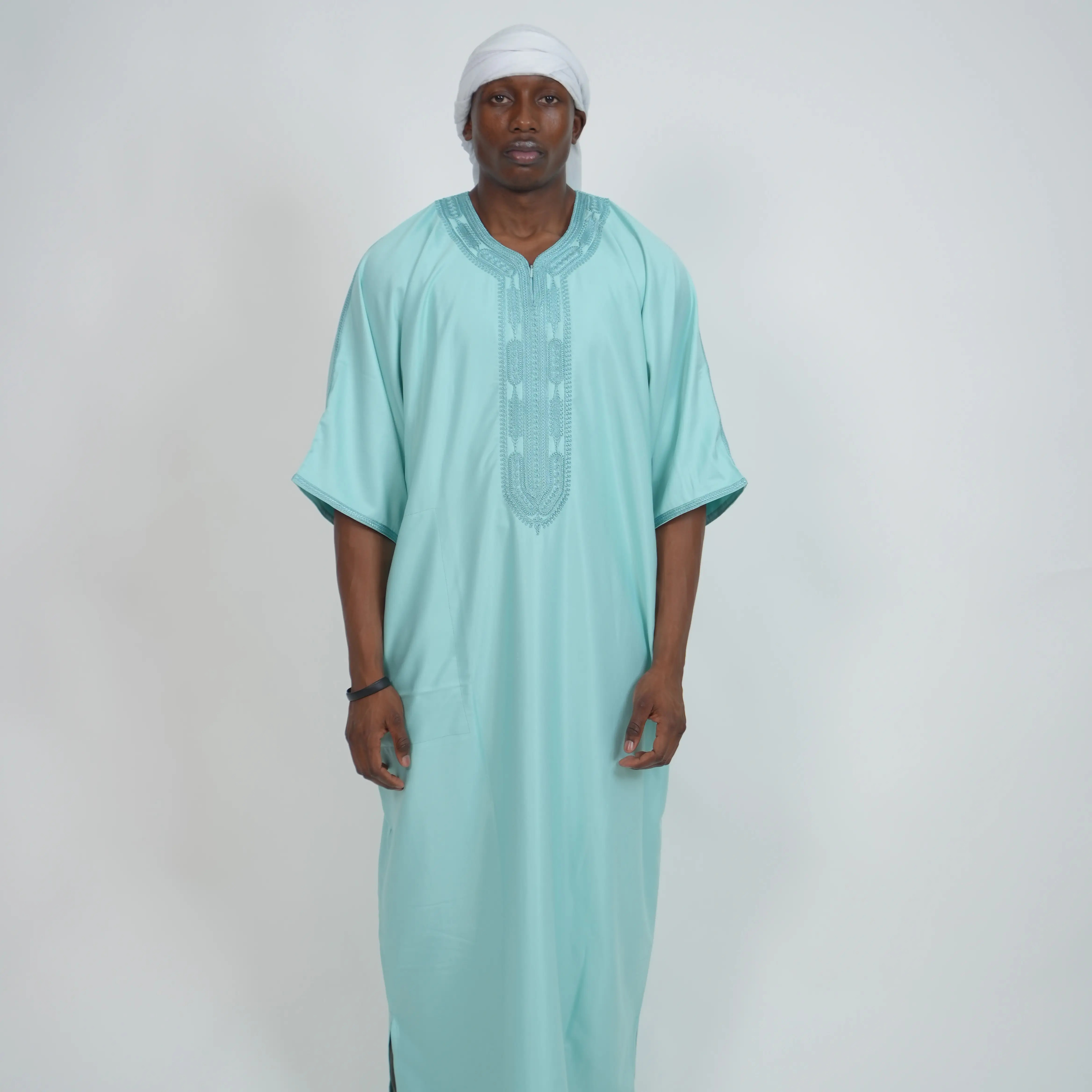 BaxxThobes Premium Gandoura Men's Moroccan Style Thobe - Maxi Formal Islamic Pastel Color Breathable Fabric with Intricate Embroidery & Passementerie