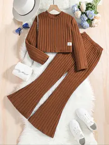 Girls' Casual Round Neck Long Sleeve Knit Top & Elastic Waist Flare Pants Set, Fashion Clothes Set, Perfect for Fall Winter Daily Wear