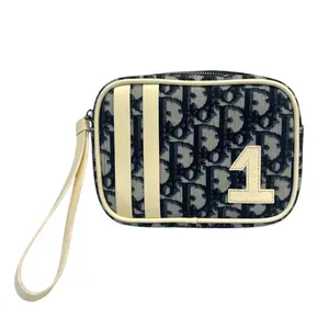 Pre-owned Dior coated canvas and leather Clutches & Wristlets CHRISTIAN #1 Blue Coated Canvas Mini Trotter Pouch Wristlet