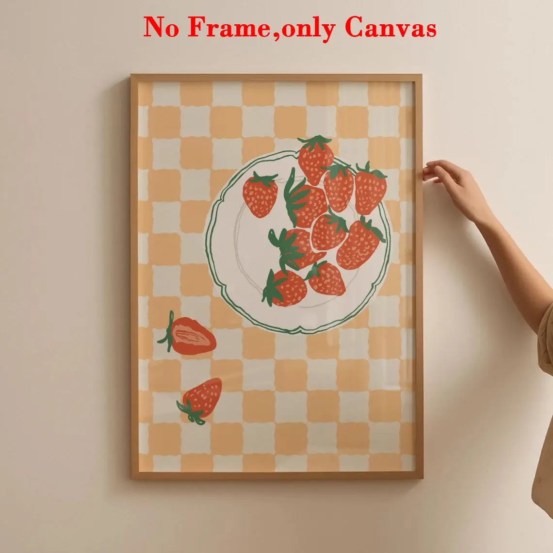 1 pc, wall art, vintage poster, Unframed Art Print, red fruit strawberry art print, yellow and white checkered canvas painting, Floral Prints, Artistic wall aesthetic decoration, decoration for kitchen and dining room, frameless