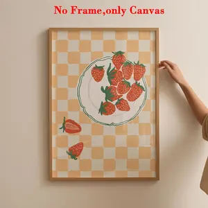1 pc, wall art, vintage poster, red fruit strawberry art print, yellow and white checkered canvas painting, Floral Prints, unique and creative Artistic wall aesthetic decoration, perfect decoration for kitchen and dining room, frameless
