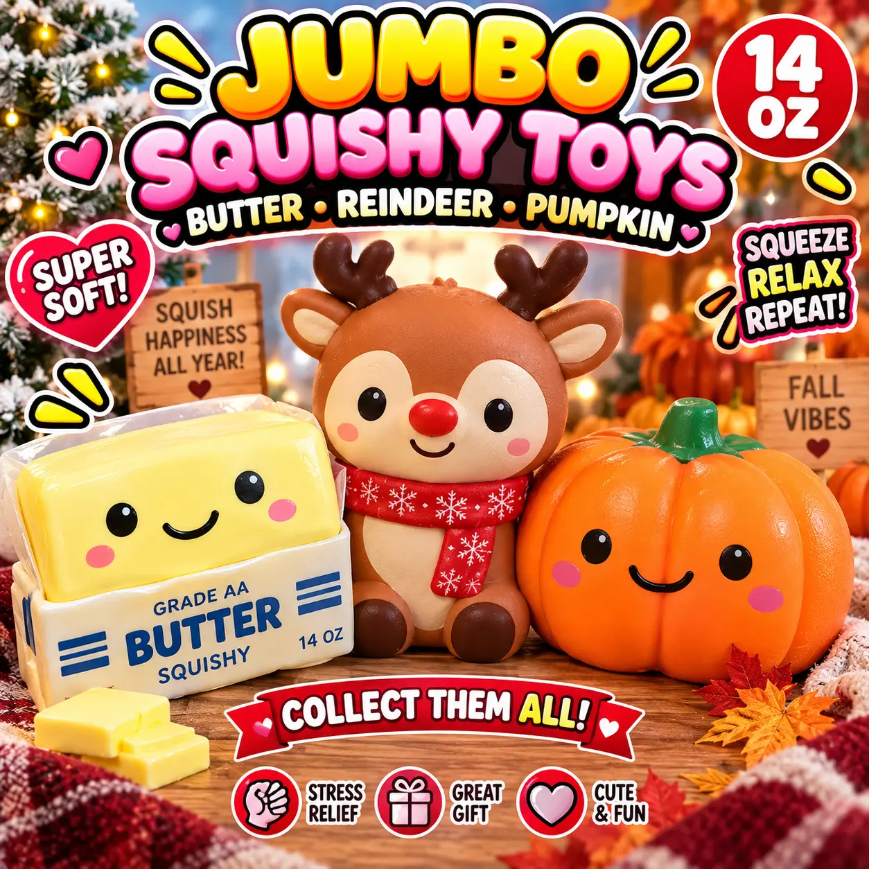 Jumbo Squishy Toys Butter Reindeer Pumpkin 14 oz Super Soft Squeeze Relax Repeat Fall Vibes Stress Relief Great Gift Cute Fun
