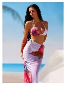 Floral Swimsuit Set for Women - 3 Piece High Waist Bathing Suit with Maxi Skirt Cover Up; Vintage Retro Swimwear for Beach, Pool, Vacation, Tropical