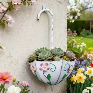 1PC Unique Metal Umbrella Shaped Wall Planter, Farmhouse Rustic Hanging Railing Planter, Weather Resistant Wall Mounted Flower Pot, for Indoor Outdoor Patio Balcony Porch Fence Decor, Ideal for Planting Herbs, Flowers & Succulents