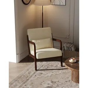 Garvee Mid-Century Chenille Accent Chair with Lumbar Pillow, Modern Lounge Armchair Featuring Solid Wood Frame, Ideal for Living Room, Bedroom, or Office, Cozy and Stylish Beige Seating