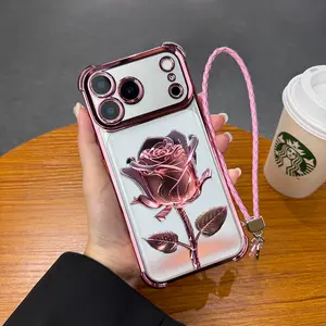 Fashionable crystal rose pattern hanging rope phone case, four corner airbag anti fall protection, non yellowing electroplated ultra-thin TPU phone case, iPhone 17Pro Max Air 16 15 Plus 14 13 12 11 XR XS Samsung Galaxy S25 S24 S23 S22 phone case. A143