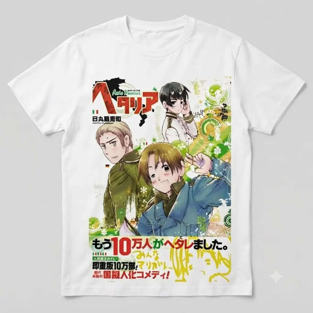 Youth and Adult Hetalia anime t-shirt with graphic of three anime characters and Japanese text, Streetwear Style, Gift for Women, Men