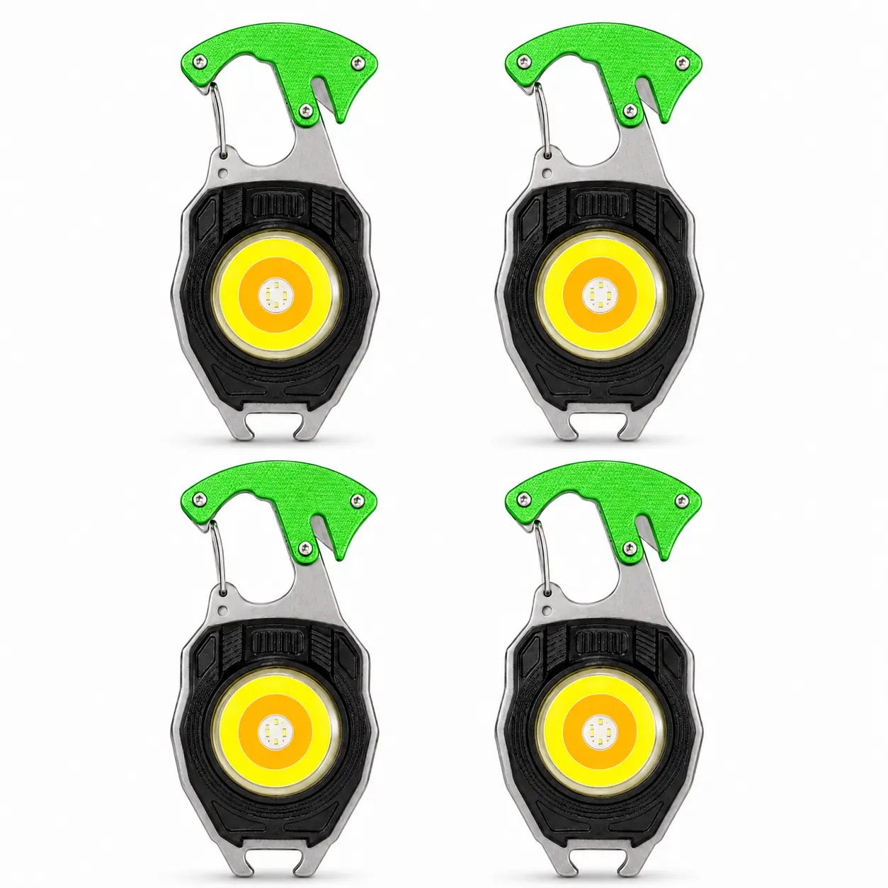 1/2/3/4 Pack Green Multifunction Keychain Work Light, USB-C Charged Magnetic COB Flashlight with Carabiner Hook, Portable Emergency Gear Includes Safety Cutter, Screwdriver & Survival Whistle for Camping Car Maintenance Daily EDC