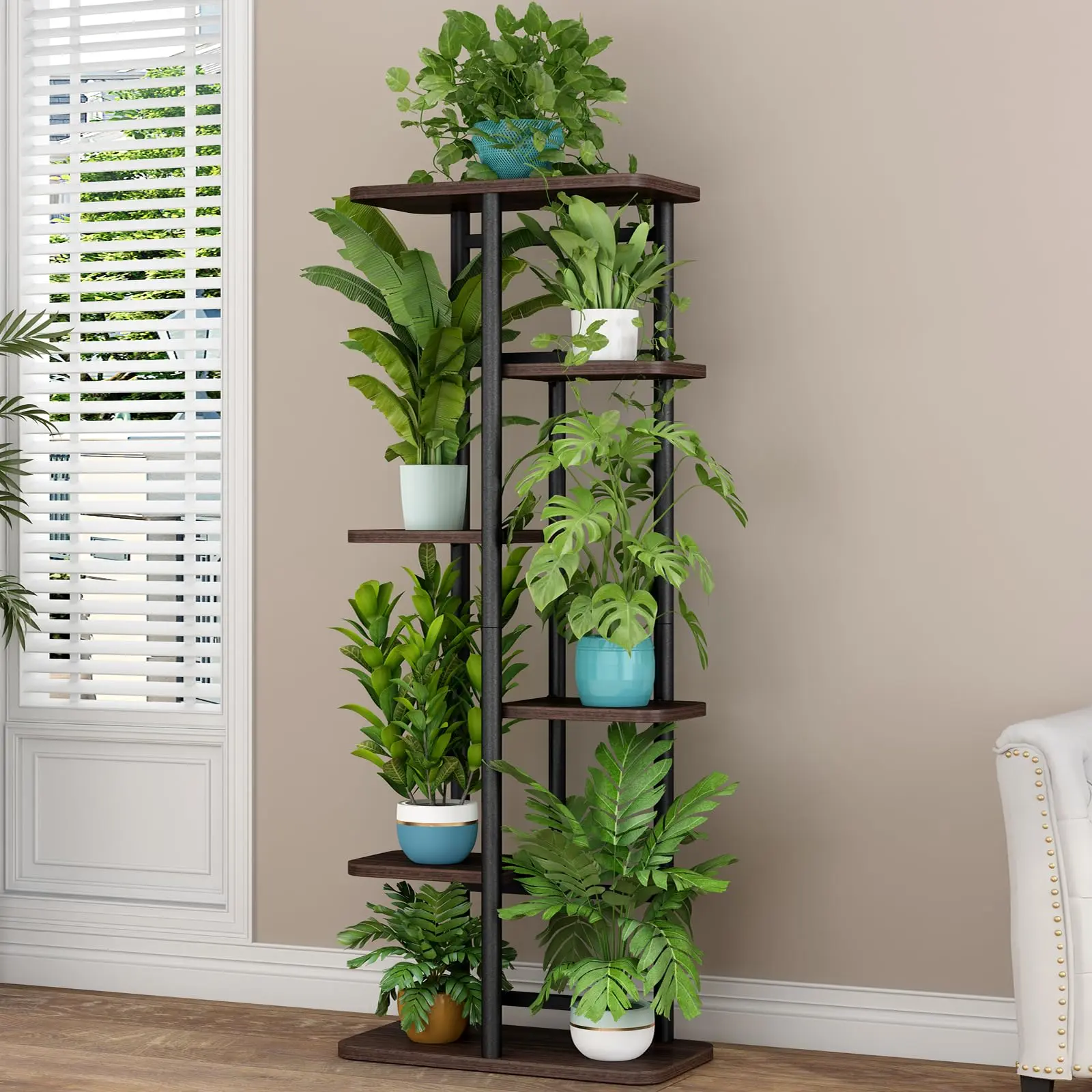 INGIORDAR Rectangle Plant Stand - 6-Tier 7-Potted Balanced Anti-Rust Spraying Vertical Planter Tower, Indoor/Outdoor Plant Riser for Living Room, Garden Corner (14.17x9x41.73in), Corner Plant Stands, Plant Risers For Pots Outdoor