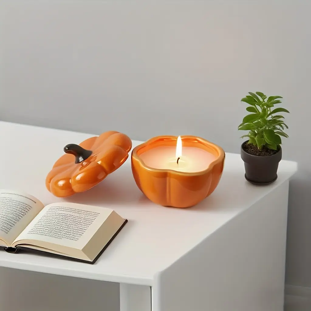 Solid Ceramic Pumpkin Shape Candle Holder - Smooth Edges, Elegant Orange Glossy Surface, Black Liner, Indoor Tea Light Holder, Kitchen Fixture Accessory, Home Decor Ornament for Indoors