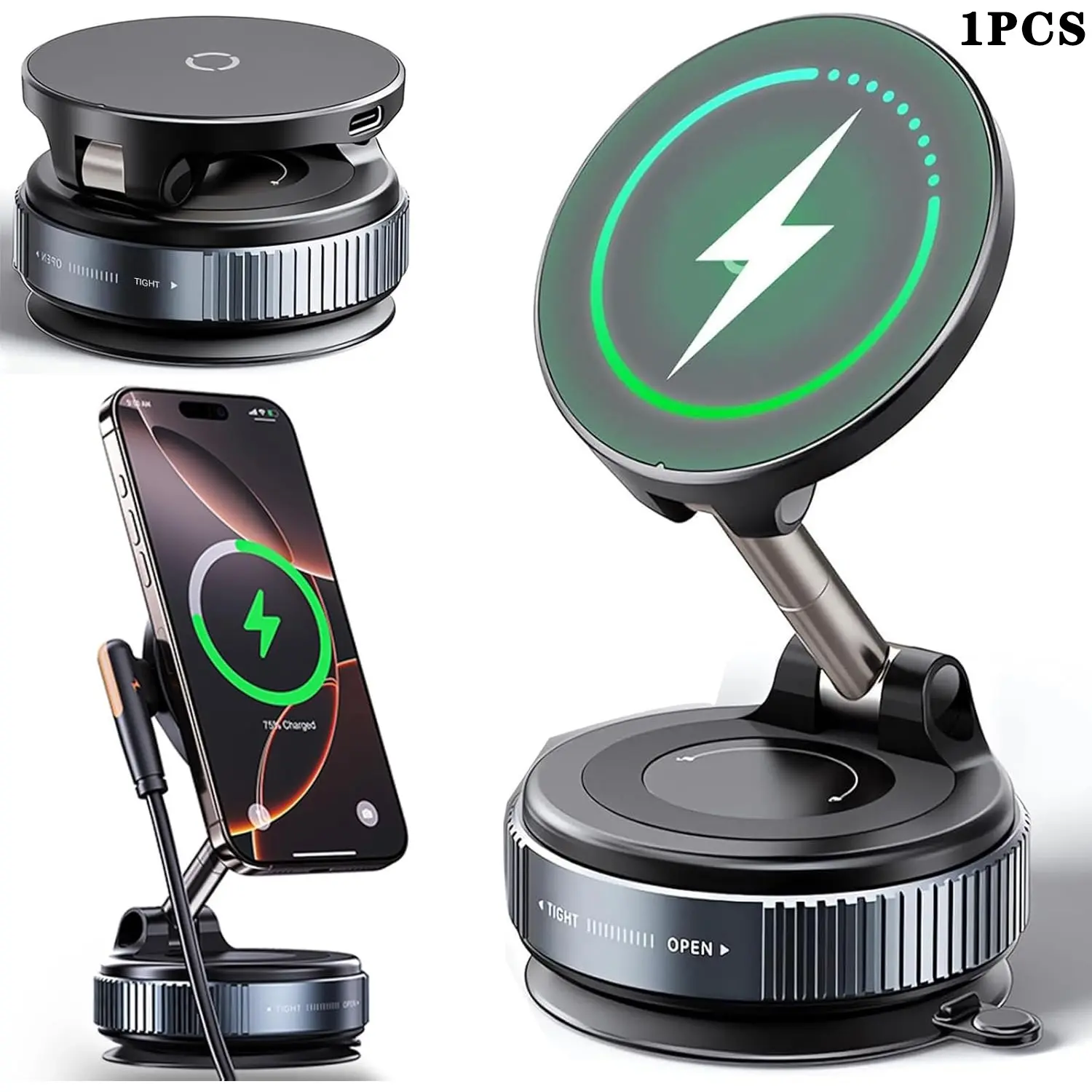 15w Fast Wireless Charger Car Phone Holder, Magsafe Vacuum Magnetic Mount, 360° Adjustable, Foldable Portable, Fits Most Smartphones