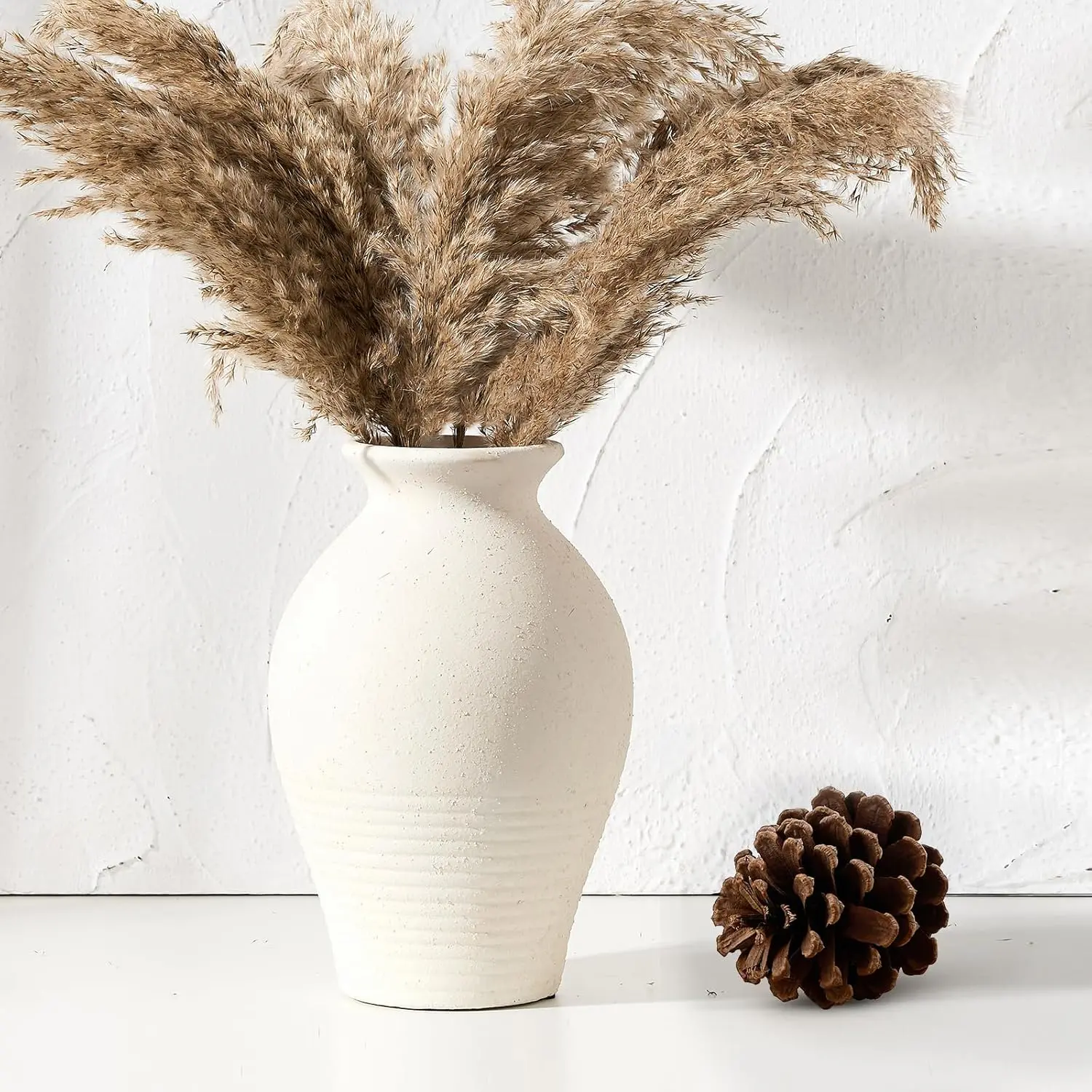 Ceramic Rustic Farmhouse Vase, 9.2 inch Whitewashed Terracotta Vase, Pottery Decorative Vases,Clay Decorative Vases for Home Decor, Table, Living Room, Shelf, Mantel Decoration()