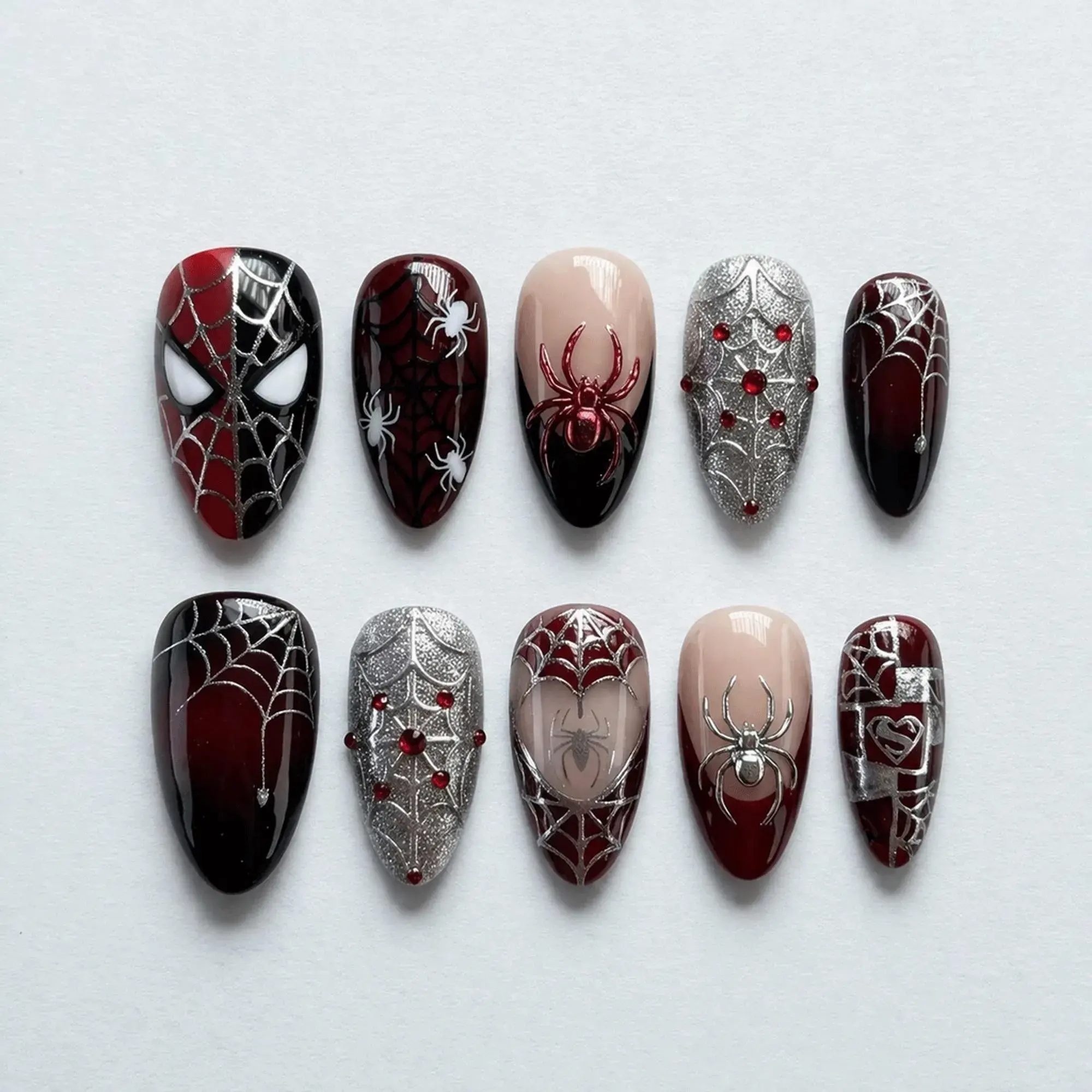 Handmade Cool Dark Spider Press On Nails | Superhero & Web Kawaii 3D Art | Red Silver Gothic Nails For Alt Emo Aesthetic Vibe