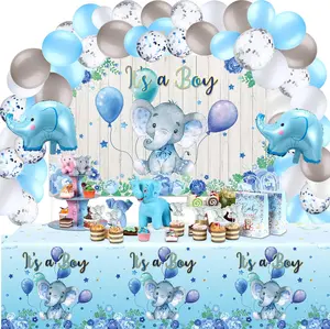 Boy Baby Shower Decorations 121 Pieces Elephant Party Supplies Include Backdrop Banner Balloons Tablecloth and Cake Toppers for Gender Reveal Elephant Theme Birthday Party