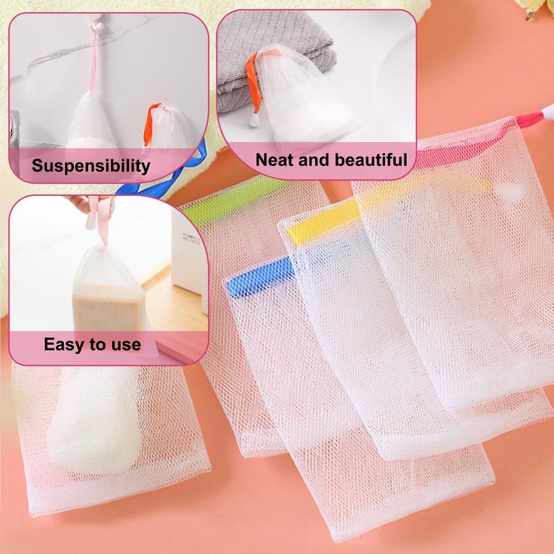 10 PCS Exfoliating Mesh Soap Saver Pouch Bag Sack, Face Cleansing Foaming Nets, White Pouch with Drawstring (Color Random)