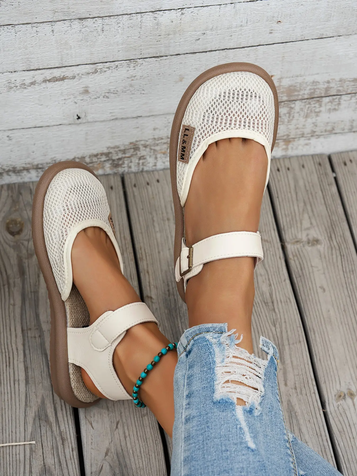 Women's Breathable Mesh Mary Jane Flats, Comfortable Casual Buckle Design Sandals, Flat Heel Sandals, Summer Daily Wear Walking Shoes, Stylish, Lightweight and Casual Fashion Footwear
