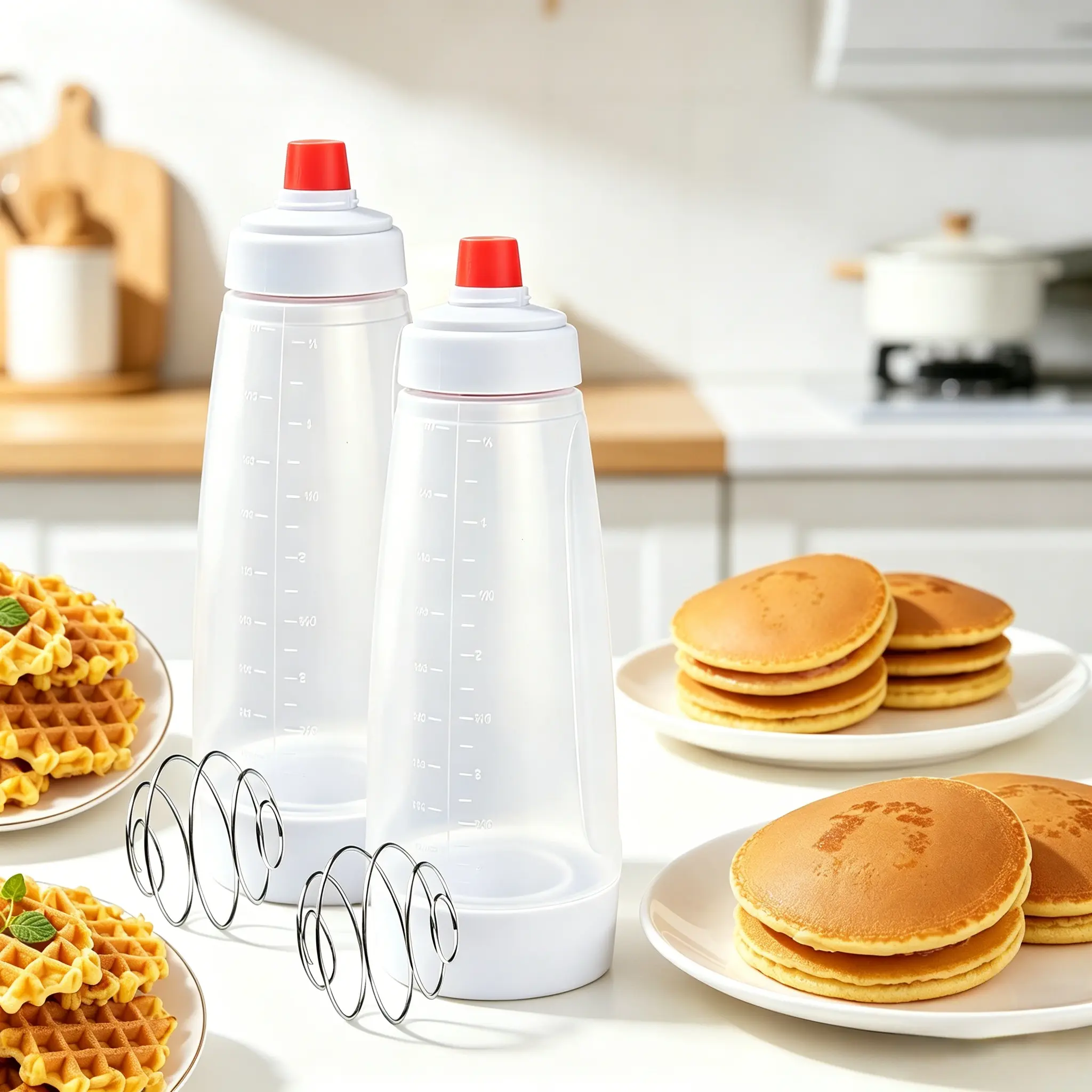 Pancake Batter Dispenser & Squeeze Mixer Bottle with Blender Whisk Ball,Batter Mixing Bottle with Scale,Reusable Plastic-Silicone Bakeware,Kitchen Batter Squeezer Bottle Suitable for Cupcakes, Waffles, Muffins Smooth,Kitchen Gadgets for Home Use, Utensils
