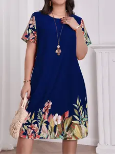 Plus Size Floral Print Midi Dress, Round Neck Short Sleeve, Colorblock Hem, Casual Knee-Length, Slim Fit for Women
