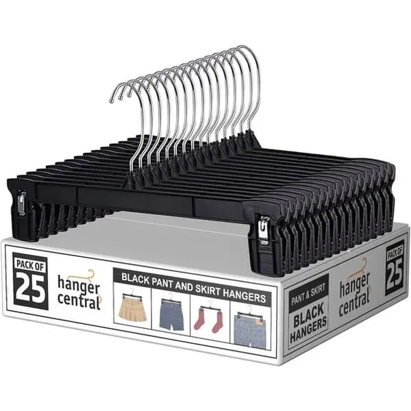 Black Plastic Pants Hangers, 25-Pack 12-Inch Hanging Closet Clothes Hangers, Pants Hanger Organiser