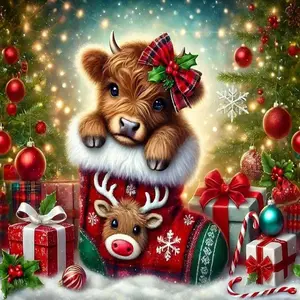 5D DIY Full Drill Round Diamond Painting - Diamond Art Kit Cute Cow, Animals, Christmas Stocking, Gift Mosaic, Canvas - DIY Decorative Painting, Home Wall Decor, Perfect for Halloween and Christmas, Independence Day, Birthdays, and Anniversary Gifts.