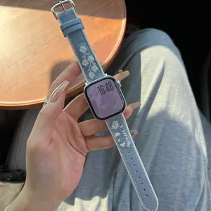 Fashion Casual Denim Blue Embroidered Floral Adjustable Watch Band Smartwatch Strap, Compatible with Apple Watch S11/s10/9/8/7/6/5/4/3, 49mm/46mm/44mm/42mm/40mm/38mm Watch Straps, Smart Watch Accessories