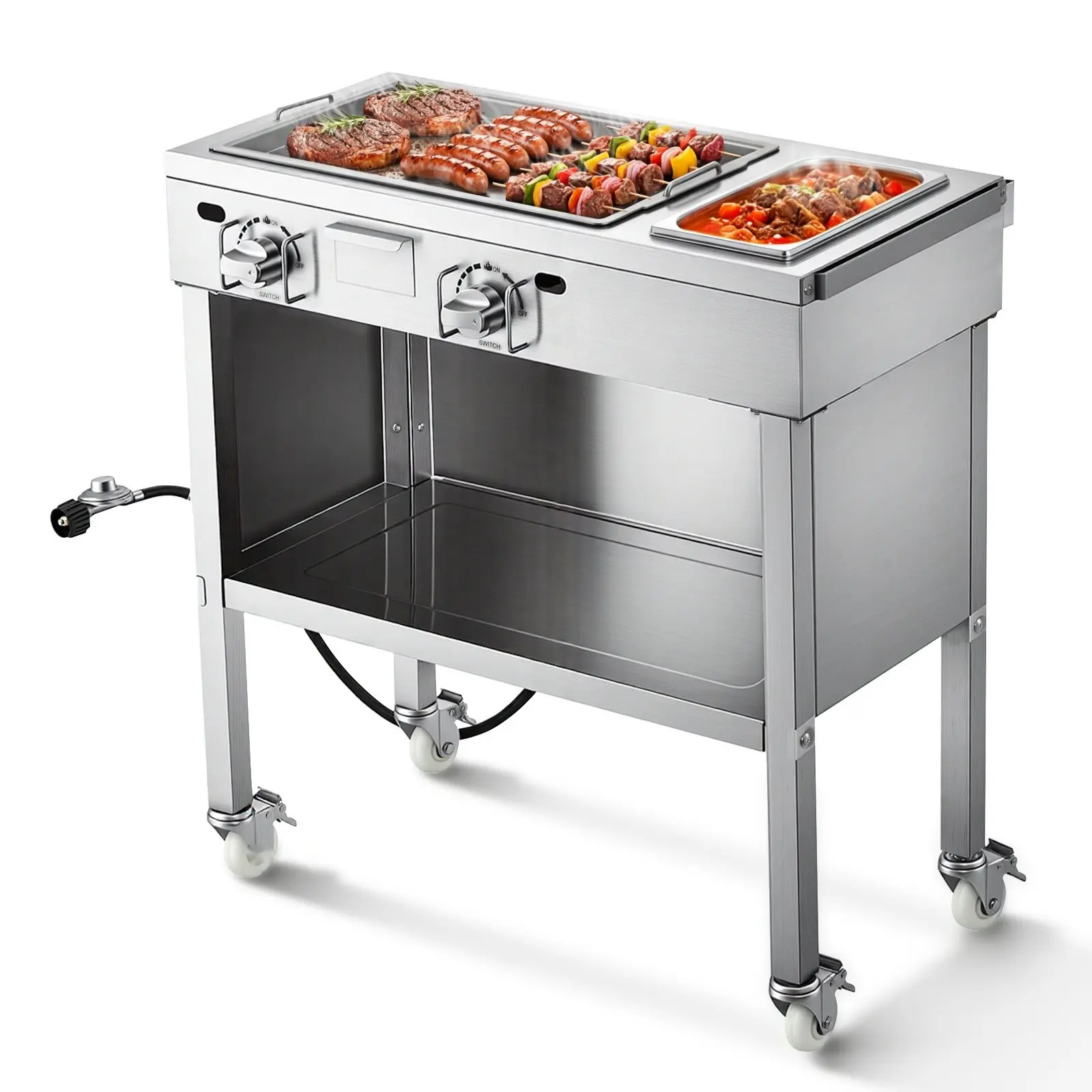 Outdoor Propane Griddle With 2 Burners (11,600 BTU Each), Commercial Stainless Steel Gas Griddle Cart With Four Lockable Wheels, 1/3 Size Food Pan, Easy-Grip Side Handle, Ideal For Hot Dogs, Burgers And Meats