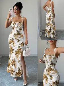 New Women's Fine Strap Bow Waist Ruched Hem Slit Floral Design Dress, Casual Fitted Party Daily Wear, Tall Slimming Elegant Dress