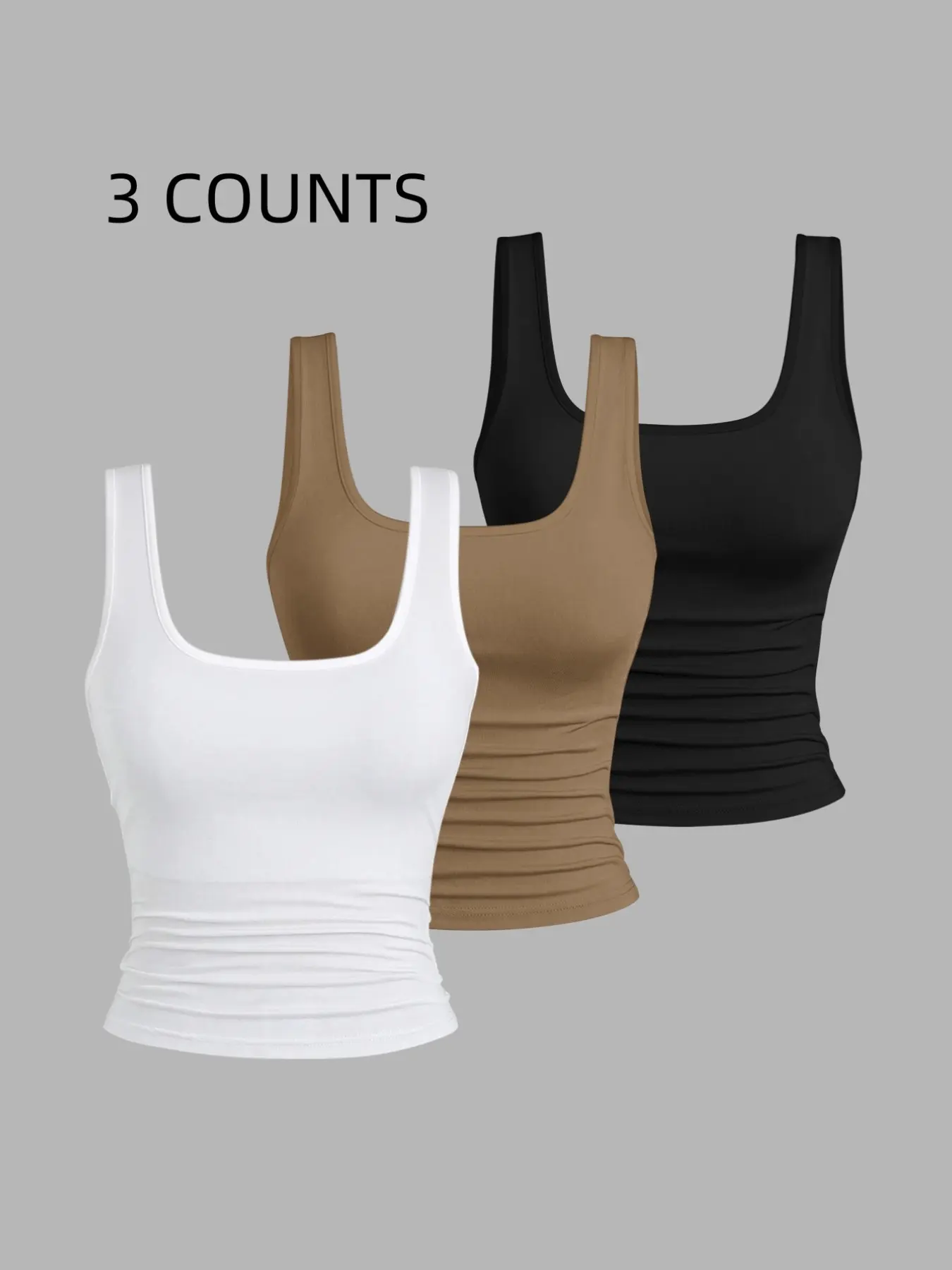 Plus Size Women's Trendy Solid Summer Square Neck Backless Tank Top, Casual Fashion Sleeveless Three-Piece Set for Modern Fashion