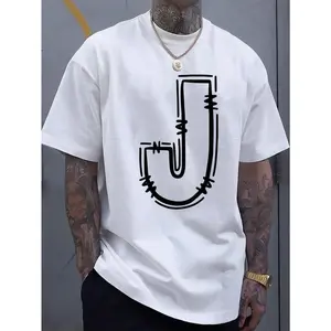Simple and stylish J-letter printed men's round neck short sleeved T-shirt, comfortable and breathable casual sports top suitable for spring and summer vacation leisure Made in USA graphic tee
