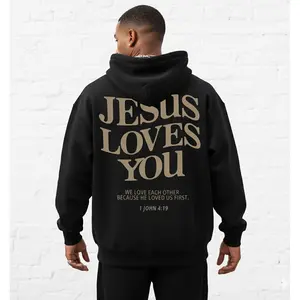 Men's Jesus Loves You Slogan Graphic Hoodie - Cotton Blend Long Sleeve Pullover Regular Fit | Soft & Breathable Fabric, Durable Print, Everyday Comfort, Machine Washable, urban streetwear city outdoor