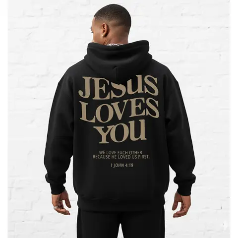 Men's Jesus Loves You Slogan Graphic Hoodie - Cotton Blend Long Sleeve Pullover Regular Fit | Soft & Breathable Fabric, Durable Print, Everyday Comfort, Machine Washable, urban streetwear city outdoor