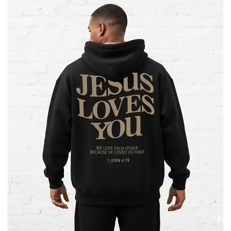Men's Jesus Loves You Slogan Graphic Hoodie - Cotton Blend Long Sleeve Pullover Regular Fit | Soft & Breathable Fabric, Durable Print, Everyday Comfort, Machine Washable, urban streetwear city outdoor