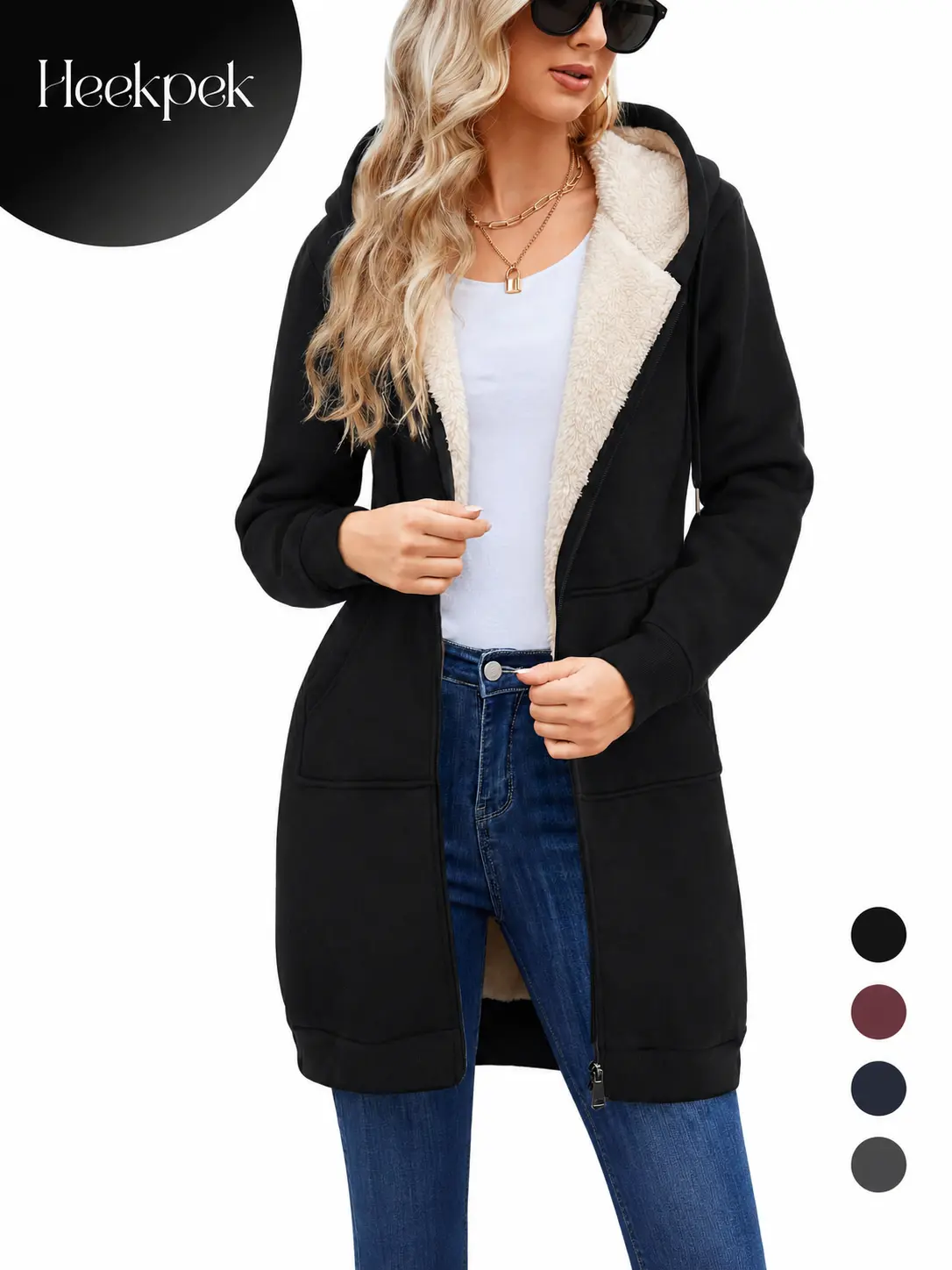 【Early Bird Price】HEEKPEK Women's Long Sleeve Hooded Tunic Tops, Winter Fleece Zip-Up Jackets, Soft Sherpa Warm Long Coats, Casual Style, Basic