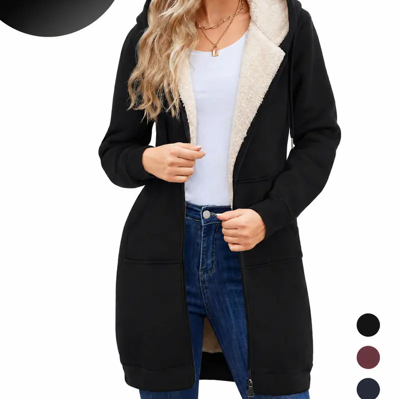 HEEKPEK Women's Hooded Zipper Jacket - Poly-Cotton Longsleeves Basic Hooded Tunic Long Coat, Winter Soft Sherpa Warm Casual Top