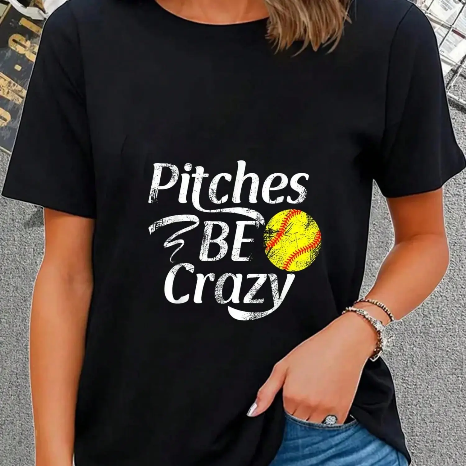 Women's 100% Cotton Short-Sleeve Graphic Tee, Comfortable Lightweight Softball Pitcher T-Shirt with "Pitches Be Crazy" Funny Design