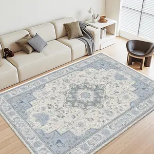 A Persian-style home carpet with light blue floral patterns, machine washable and colorfast, soft and durable, suitable for holidays and any space area, including hotels, offices, sofas, bedside, and corridors, etc.