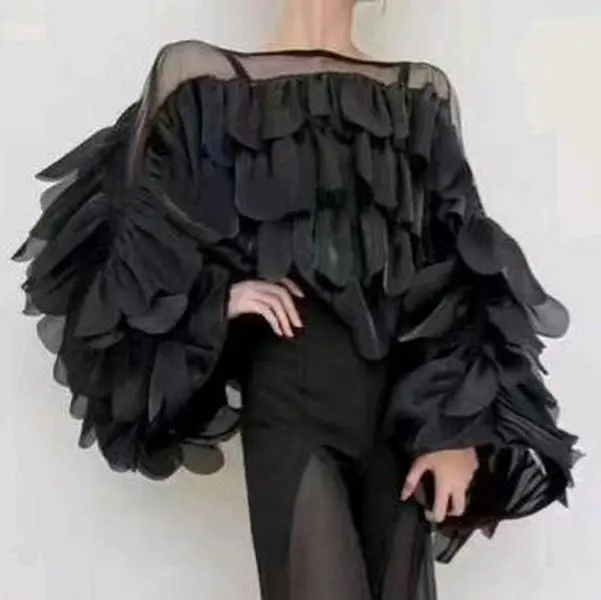 Elegant Ruffle Blouse with Sheer Mesh Overlay and Long Flared Sleeves for Women