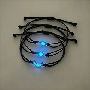Glow-in-the-Dark Sun Moon Star Bracelet Set Adjustable Woven Friendship Jewelry for Couples Celestial Charms Gentle Night Glow Ideal Gift