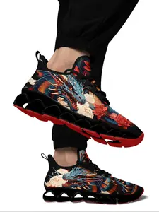 Men's Fashionable Dragon & Floral Print Lace Up Low Top Sneakers, Casual Comfortable Breathable Sports Running Shoes, Male All-match Round Toe Shoes for Daily Wear