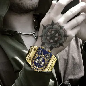 Top Large Dial Men Watch Square Golden Quartz Wrist Watch for Man Sports Multi-Time Zone Military Male Waterproof