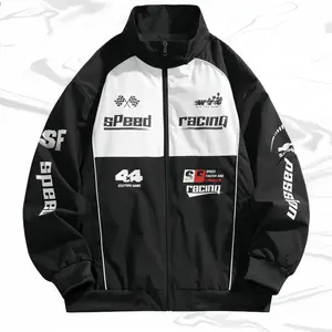A men's colorblock stand collar racing style jacket, casual everyday style, stand collar easy to match with daily outfits, zipper closure for convenient daily use, printed design adds personal style, fabric easy to maintain, fit designed for comfort durin