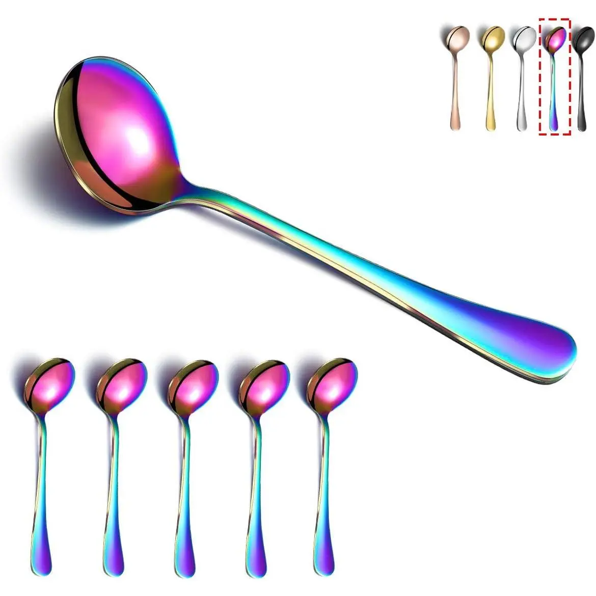 Rainbow Titanium Plated Stainless Steel Round Spoons - 6 count Set, Colorful Dinner Table Spoons, Dishwasher Safe