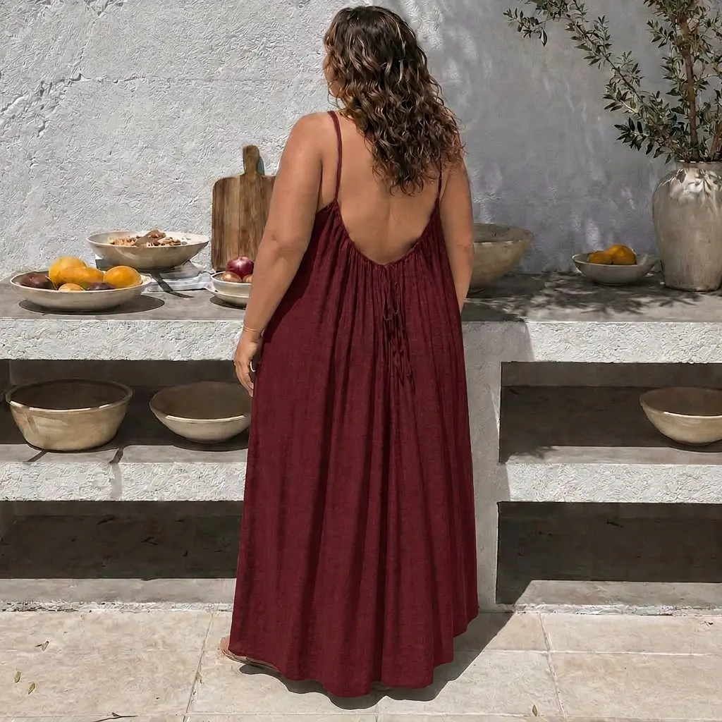 Plus Size Women's Solid Color Backless Spaghetti Strap Cami Dress, Casual Minimalist Sleeveless Dress for Summer, Ladies Clothes for Beach Holiday Vacation, Backless Dresses, Womenswear