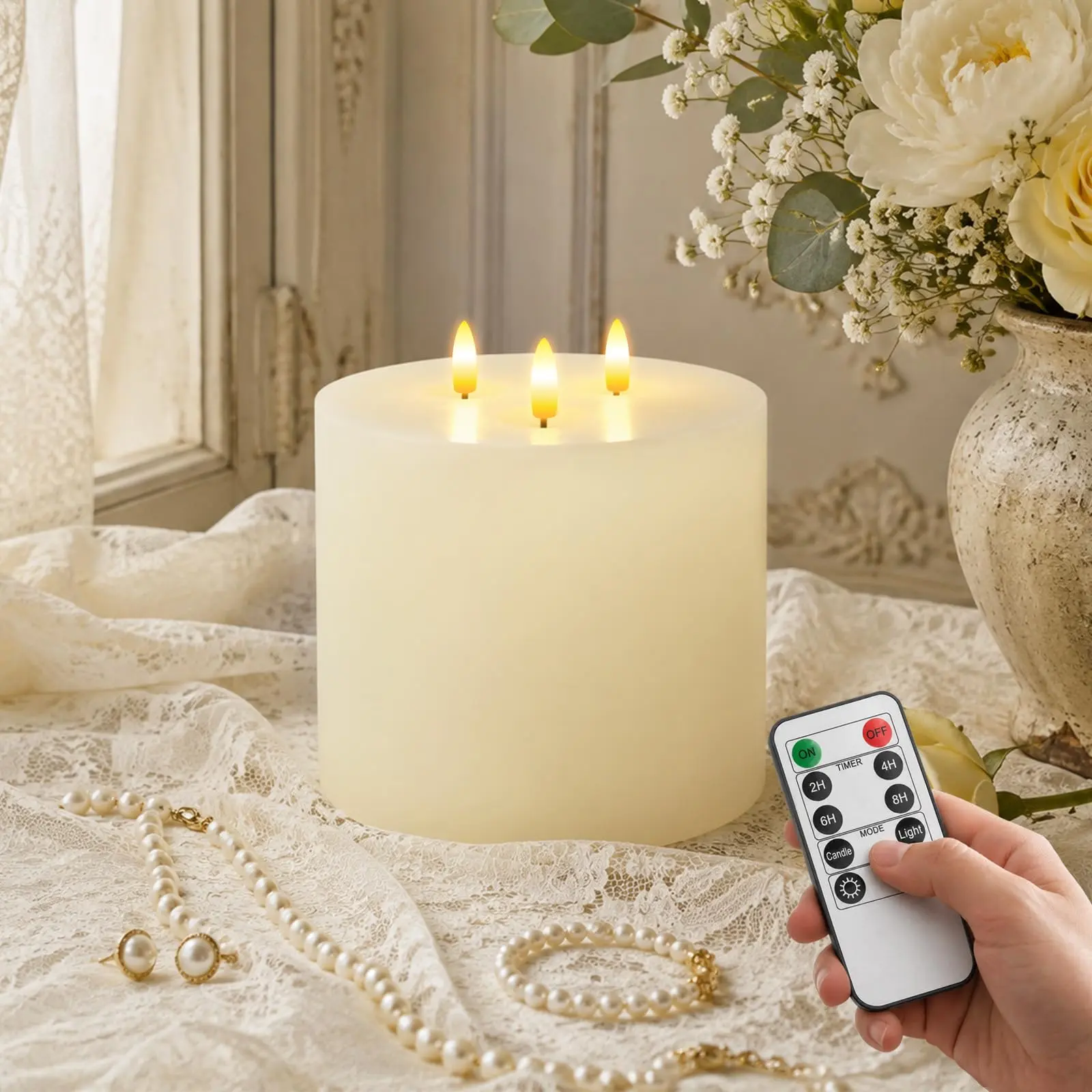 6"x6" (6 Inch Diameter) Ivory Real Wax Extra Large 3-Wick Flameless LED Pillar Candles - Plastic, Battery-Operated (3 AA Batteries) Home Decor with 1x Remote Control, Timer, Auto Shut-Off, Kids Safe for Weddings, Christmas